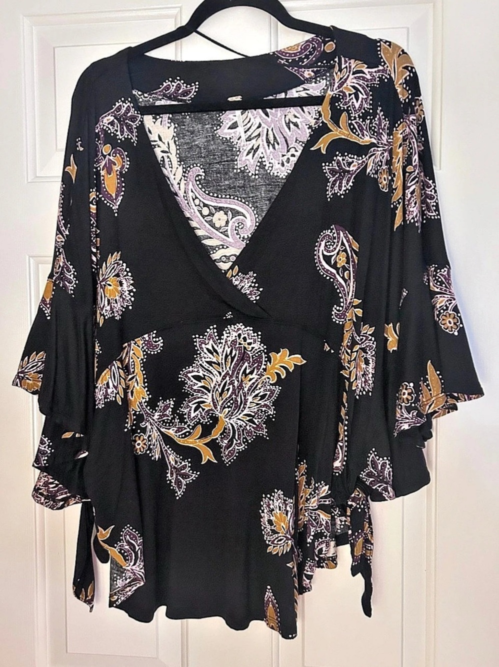 Free People Paisley Wrap Blouse in Black & Pink Sz L NWOT